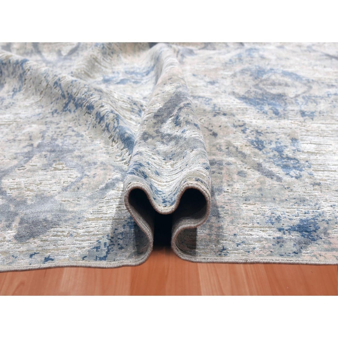 Hand Knotted Ivory with Pastels Modern Silk with Textured Wool Rug - 5