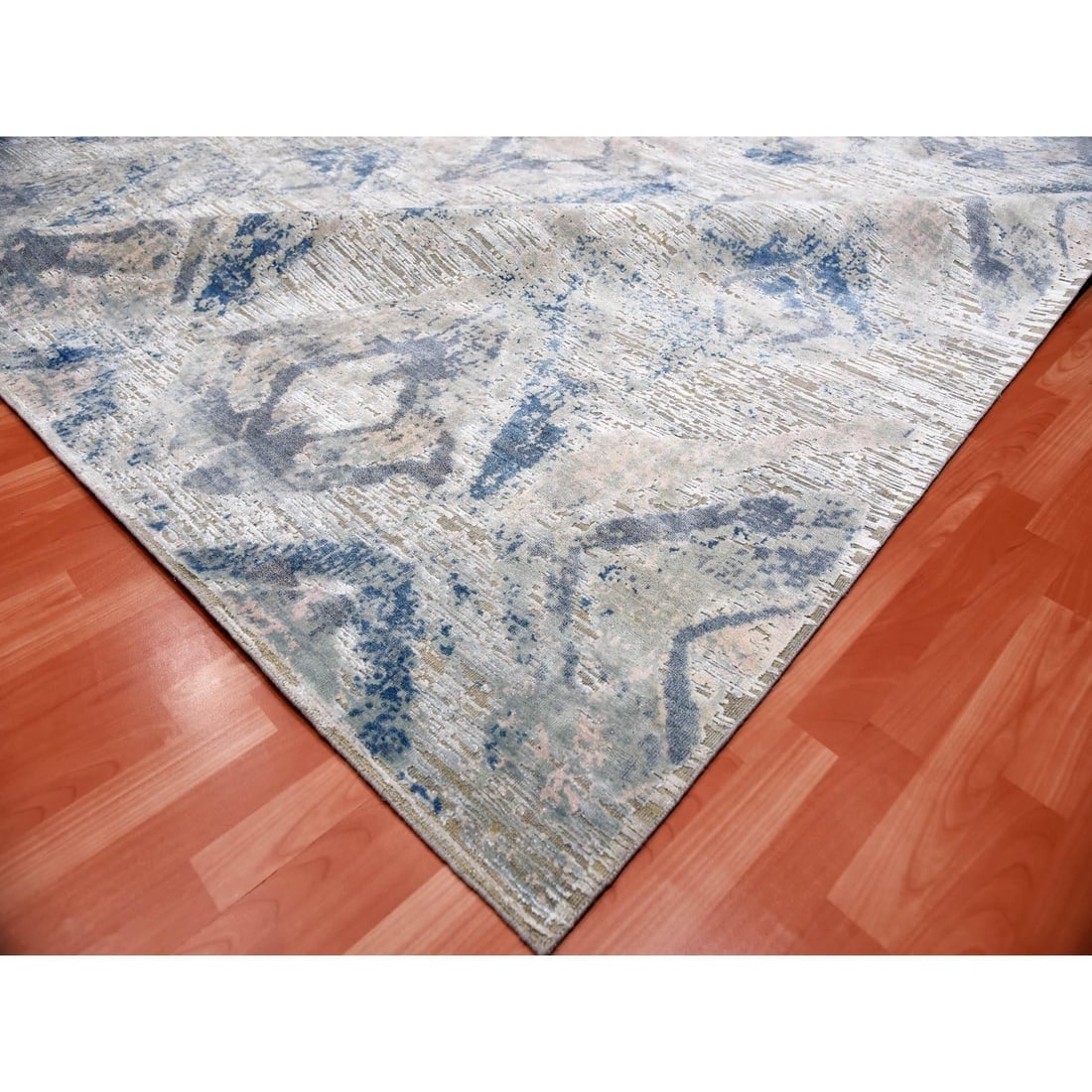 Hand Knotted Ivory with Pastels Modern Silk with Textured Wool Rug - 6