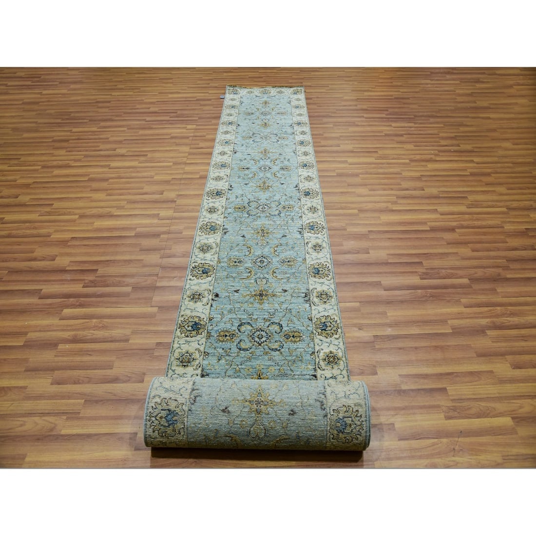 Iced Aqua Blue Wool Hand Knotted Shah Abbas Design XL Runner Rug - 2
