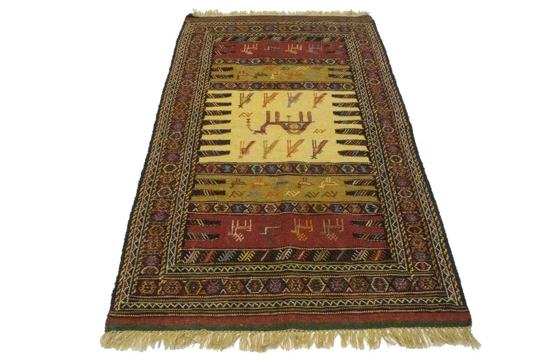 Golden Beige Tribal 3X6 Sumak Herati Persian Rug - 14
