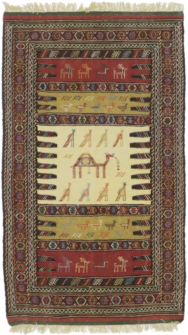 Golden Beige Tribal 3X6 Sumak Herati Persian Rug: Title: Golden Beige Tribal 3X6 Sumak Herati Persian Rug Description:Hand Knotted 3X6 beige Persian rug made with natural dyes (fine wool pile and cotton foundation), superior knot count, and