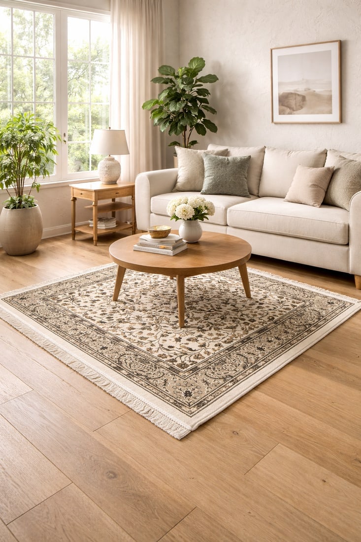 Cream Beige Floral 3X3 Kirman Oriental Square Rug - 2