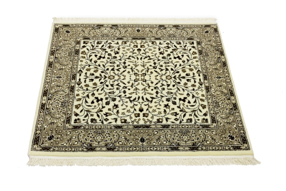 Cream Beige Floral 3X3 Kirman Oriental Square Rug - 3