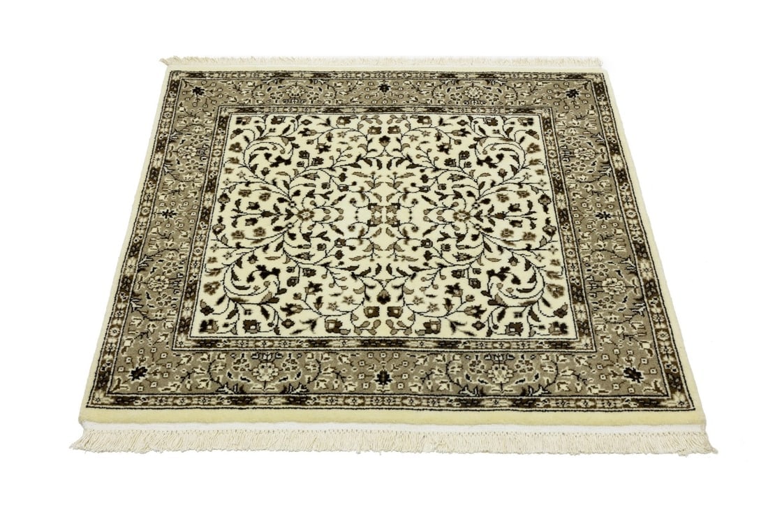 Cream Beige Floral 3X3 Kirman Oriental Square Rug - 5