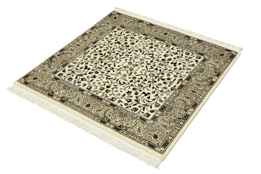 Cream Beige Floral 3X3 Kirman Oriental Square Rug - 6