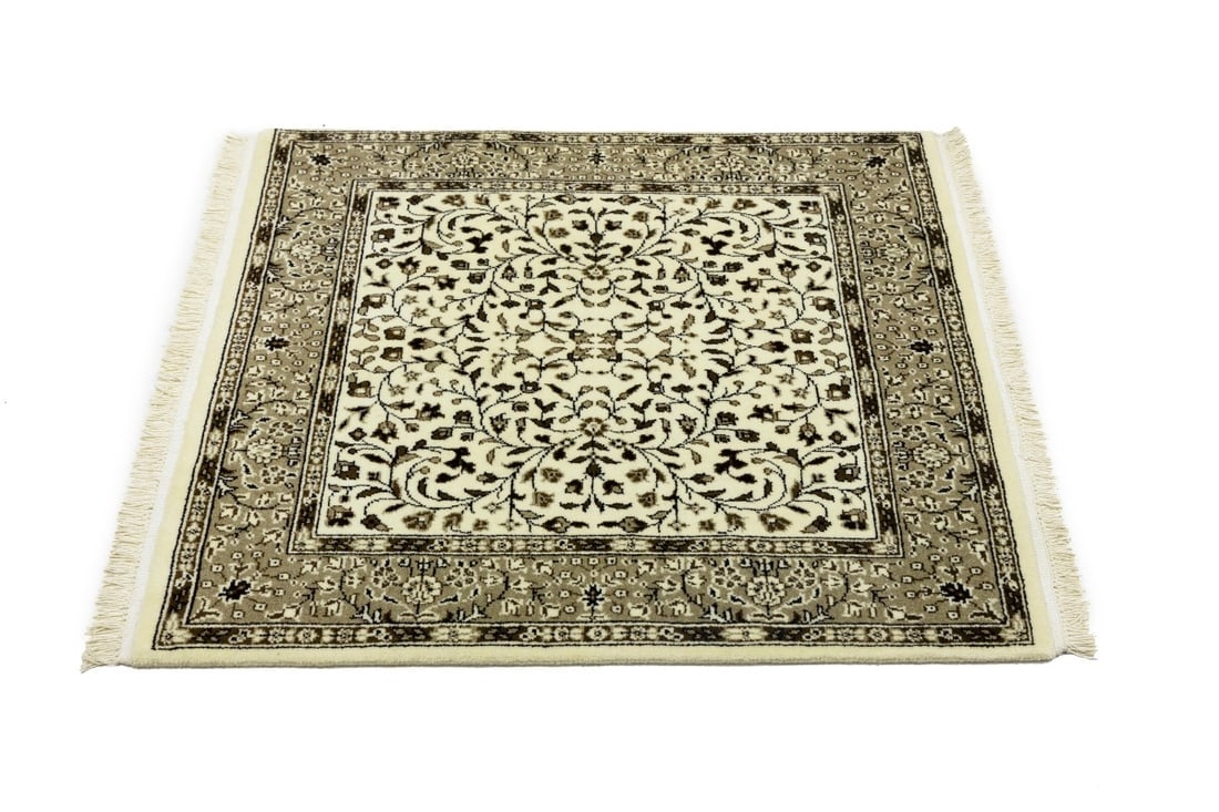 Cream Beige Floral 3X3 Kirman Oriental Square Rug - 7