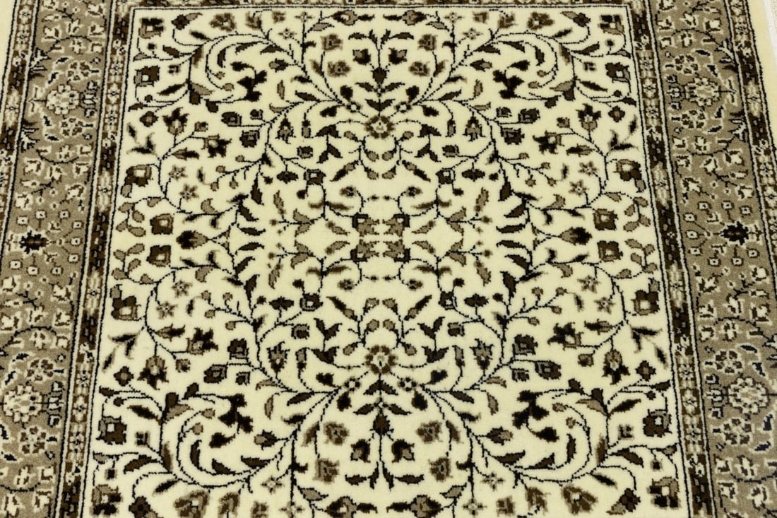 Cream Beige Floral 3X3 Kirman Oriental Square Rug - 8