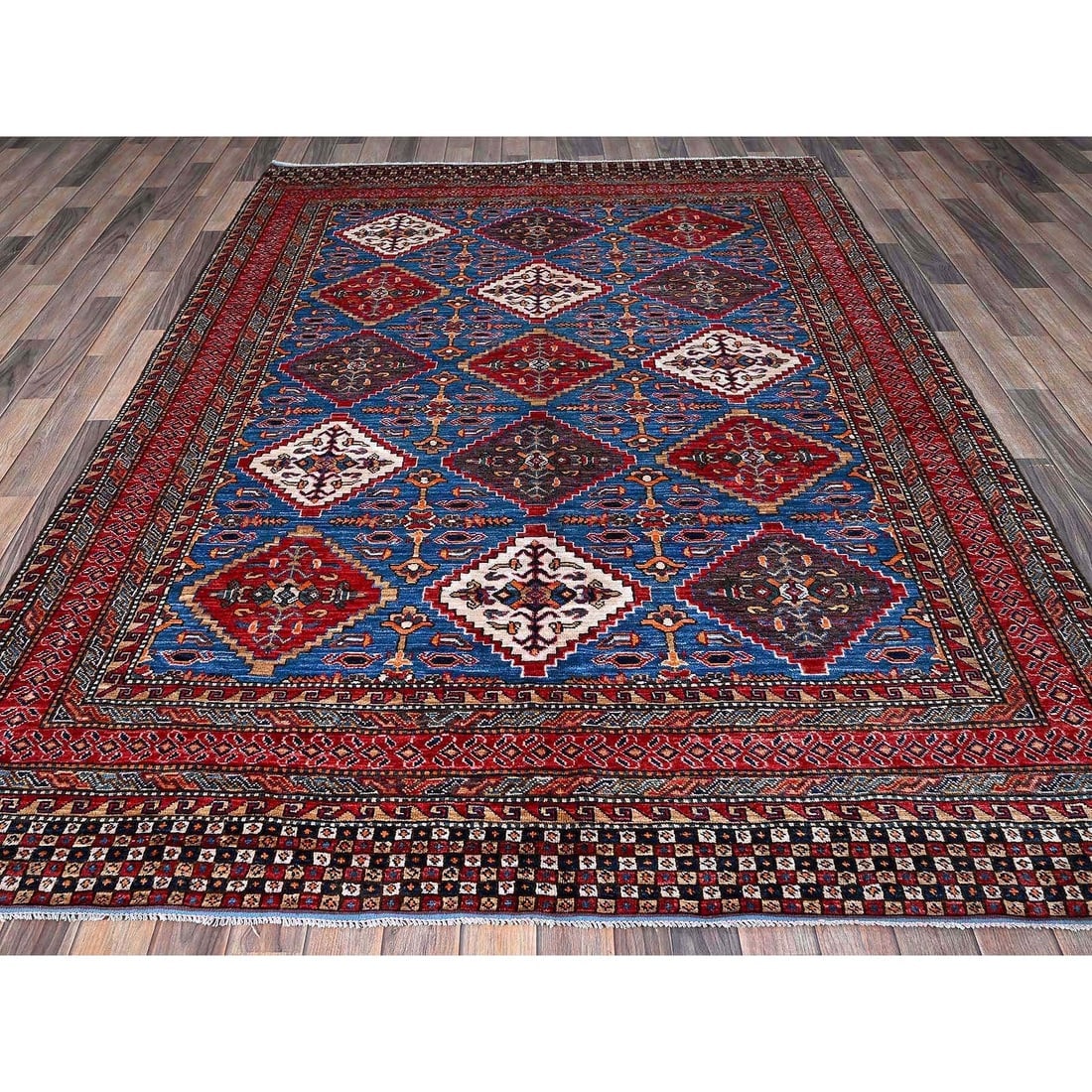 Blue Afghan Ersari with Caucasian Design Revival Hand Knotted Wool Rug - 3