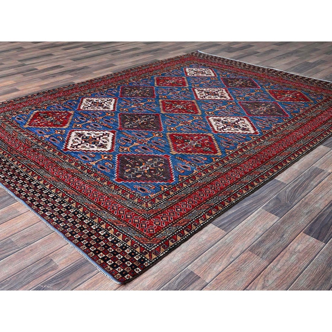 Blue Afghan Ersari with Caucasian Design Revival Hand Knotted Wool Rug - 4