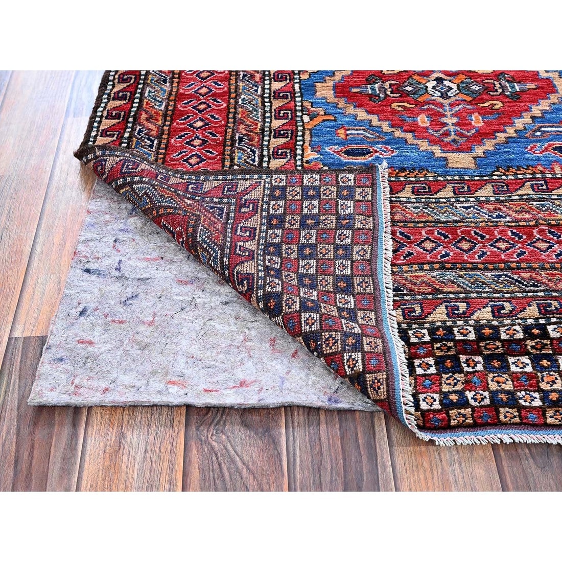 Blue Afghan Ersari with Caucasian Design Revival Hand Knotted Wool Rug - 5