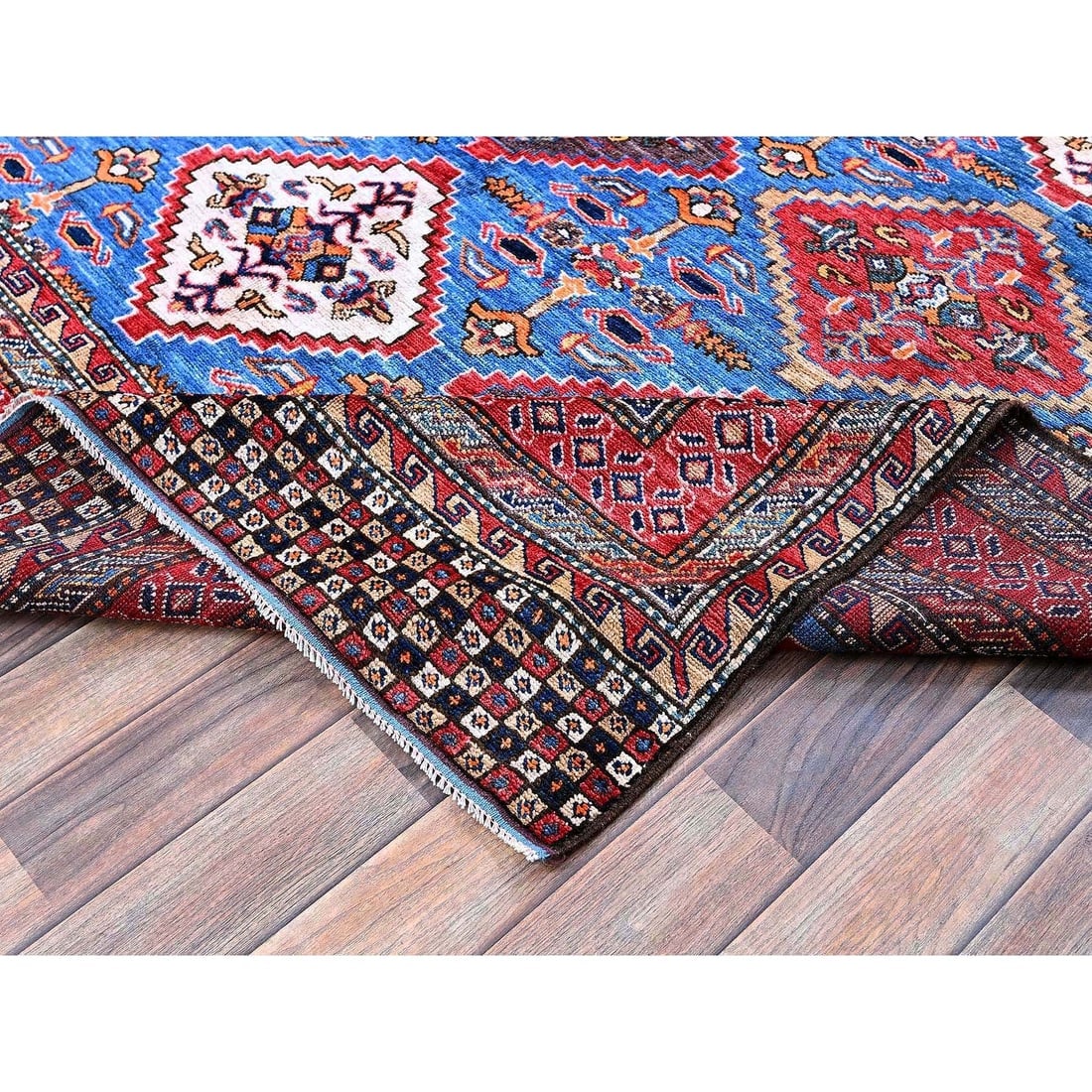 Blue Afghan Ersari with Caucasian Design Revival Hand Knotted Wool Rug - 7