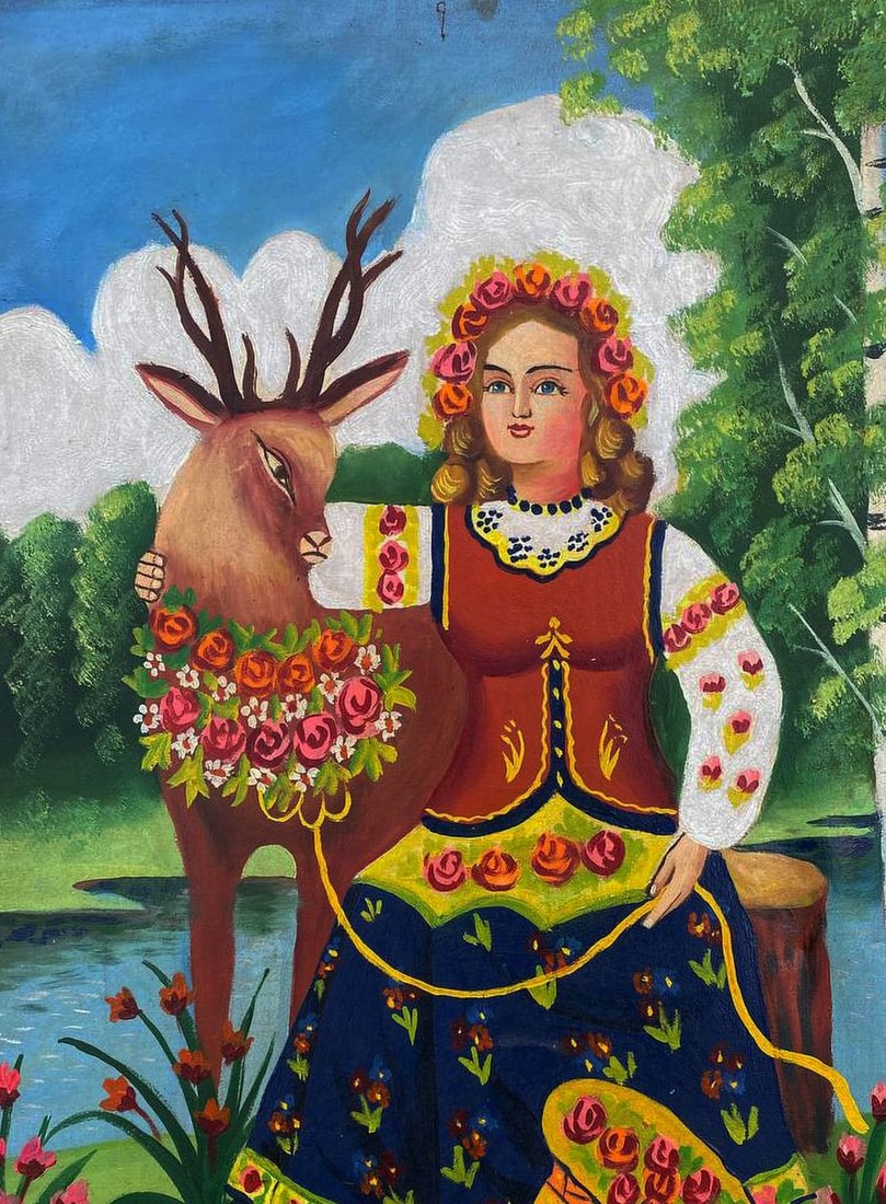 Oil painting Portrait of a girl and a deer Unknown artist - 2