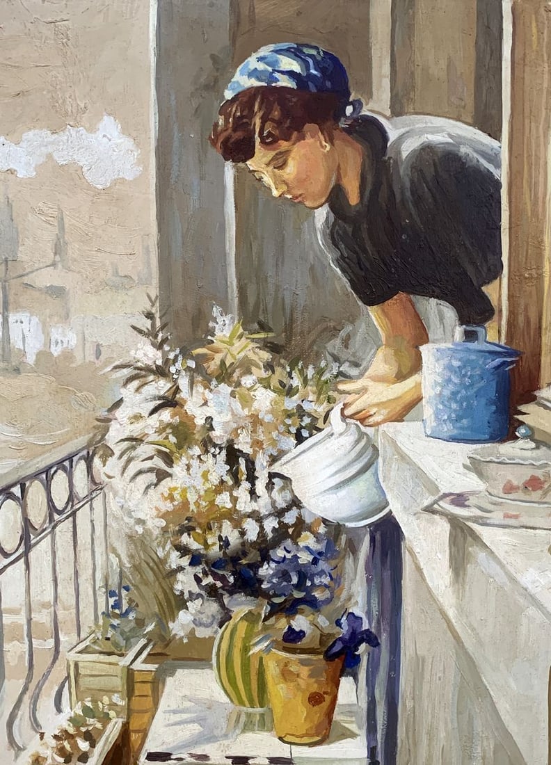 Oil painting On the balcony (based on Yuri Pimenov) V. Konotopsky - 3