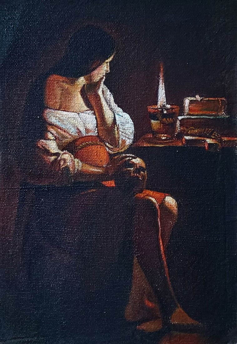Oil painting Mary Magdalene Daniil Litvinov: Title: Oil painting Mary Magdalene Daniil Litvinov Description: NoLitv 1257*** ABOUT THIS PAINTING **** TITLE: "Mary Magdalene" - A copy of a painting by the artist Georges de la Tour* ARTISTS: