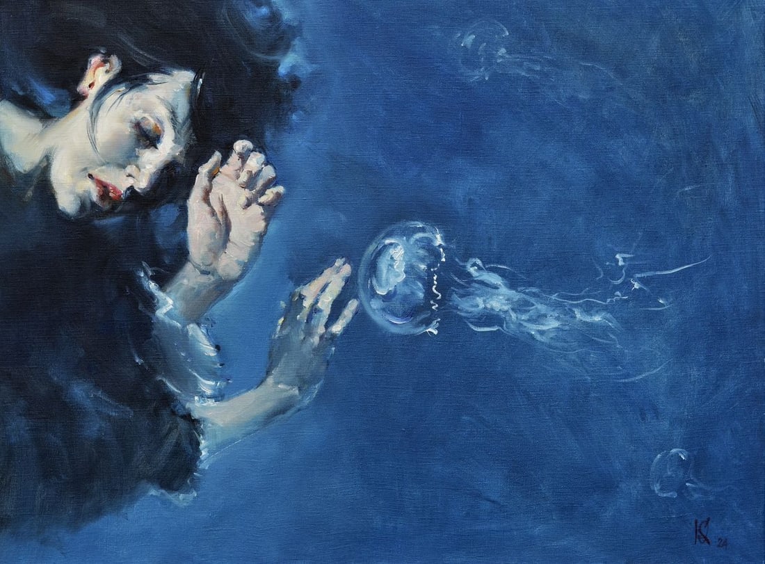Oil painting Underwater touch Oleg Kateryniuk: Title: Oil painting Underwater touch Oleg Kateryniuk Description: NoKat 58The Oil painting Canvas titled "Underwater touch" is a hauntingly beautiful and deeply introspective work that explores the