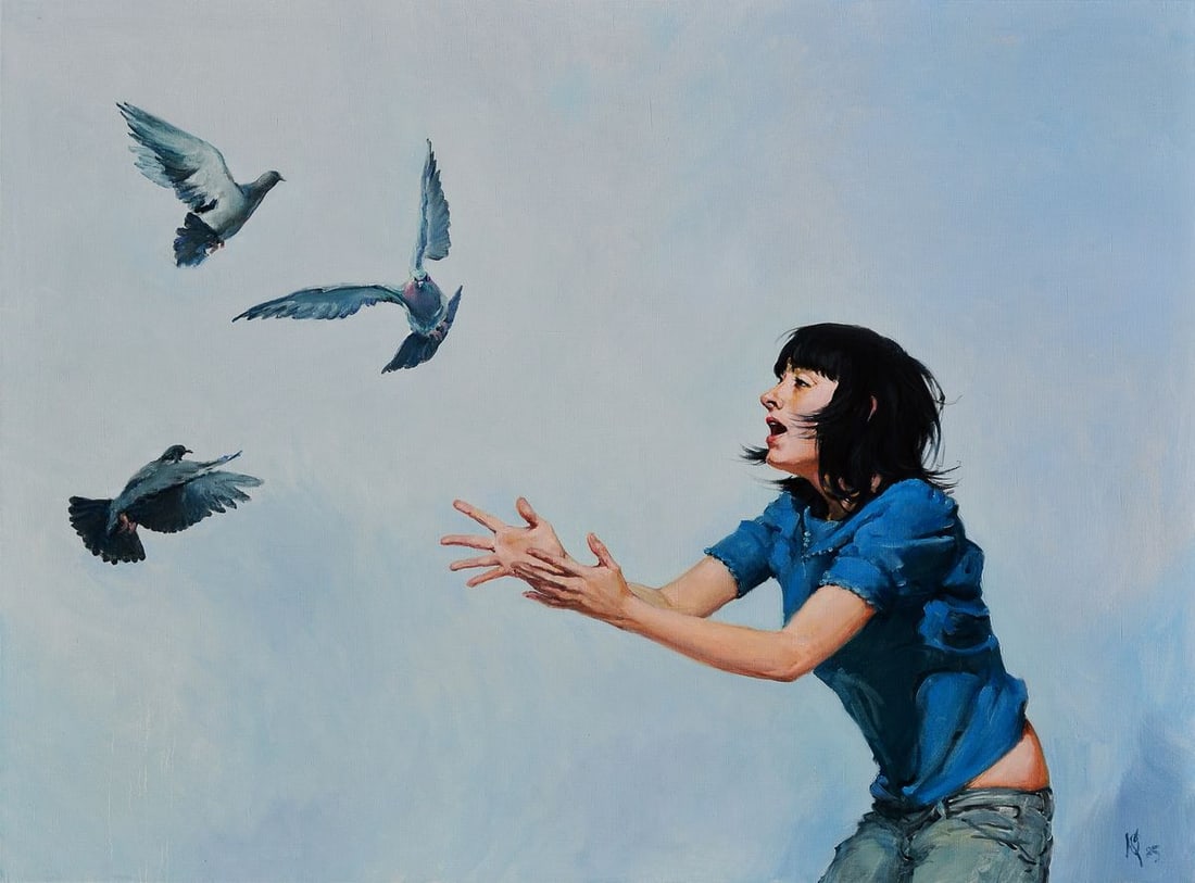 Oil painting So scare a dove Oleg Kateryniuk: Title: Oil painting So scare a dove Oleg Kateryniuk Description: NoKat 64The Oil painting Canvas titled "So scare a dove" captures a fleeting, emotionally charged moment suspended between fear, surpri
