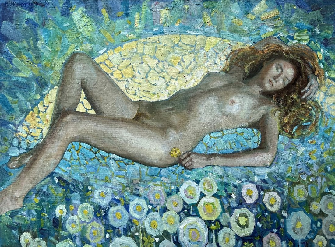 Oil painting Morning in nature V. Mishurovsky: Title: Oil painting Morning in nature V. Mishurovsky Description: No257In "Morning in Nature," Viktor Myshurovsky presents a serene and intimate portrayal of a woman resting in a natural setting. The 