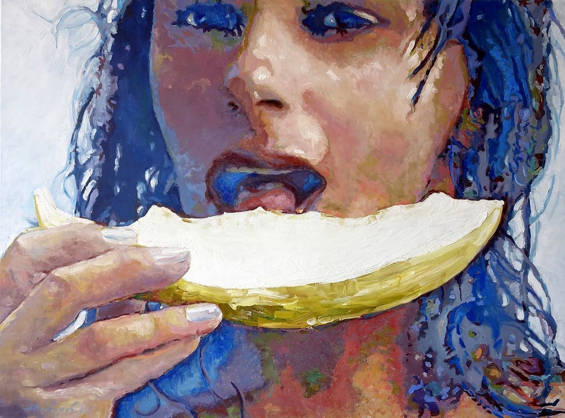 Oil painting Sweet melon Varvarov Anatoly Viktorovich: Title: Oil painting Sweet melon Varvarov Anatoly Viktorovich Description: NoVarv 171 *** ABOUT THIS PAINTING *** * TITLE: "Sweet melon" * ARTISTS: Varvarov Anatoly Viktorovich * SIZE: 100x135 cm/'39.3