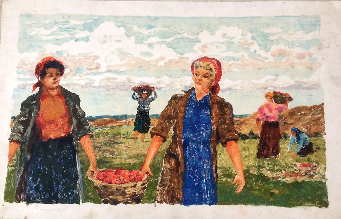 Watercolor painting Harvesting Cherkas A.G.: Title: Watercolor painting Harvesting Cherkas A.G. Description: No458 * TITLE: "Harvesting" * ARTISTS: Cherkas A.G. * SIZE: 45x72 cm/17,71x28,34 inches' * MEDIUM: watercolor, pastel * HAND PAINTED: