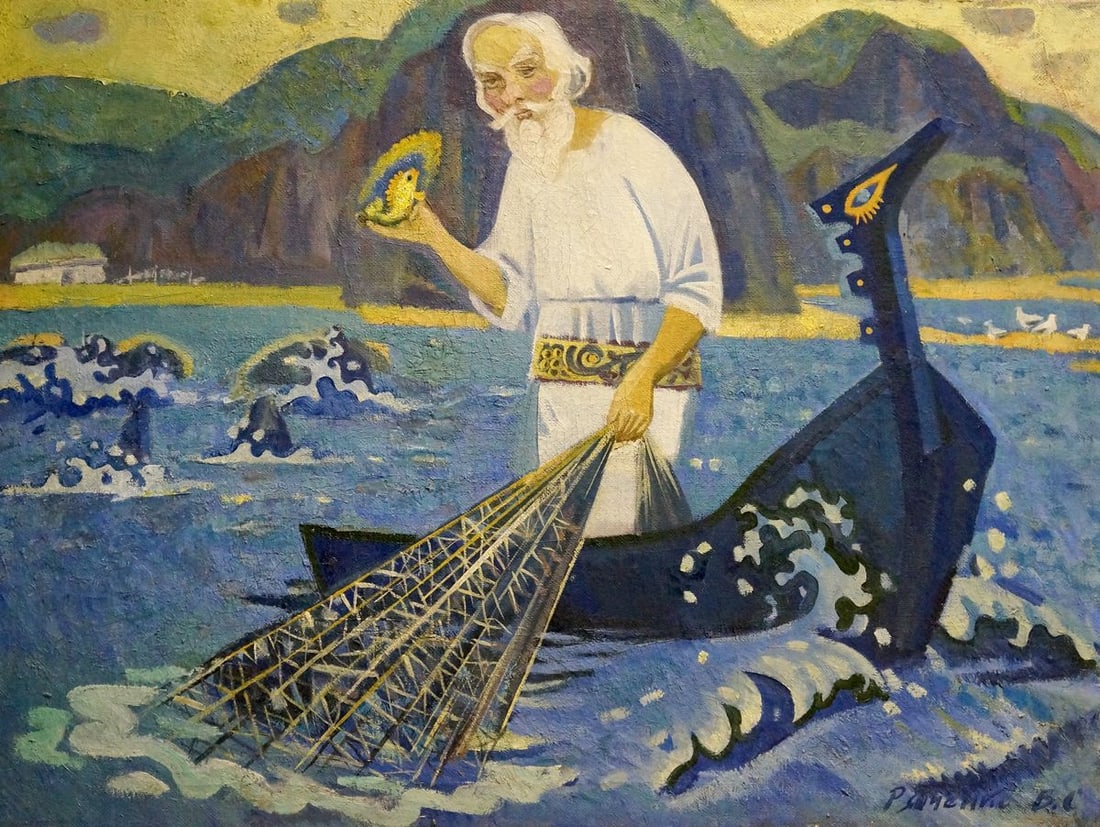 Oil painting Grandfather fishing Vasily Sergeevich Ryabchenko (1 of 8)