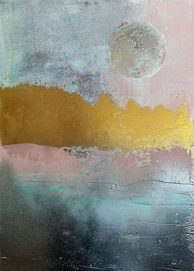 Acrylic painting Silver Moon Olga Melezhik: Title: Acrylic painting Silver Moon Olga Melezhik Description: NoMel 110Acrylic painting Silver Moon Olga Melezhik is an elegant contemporary abstract artwork that captivates with its refined balance 