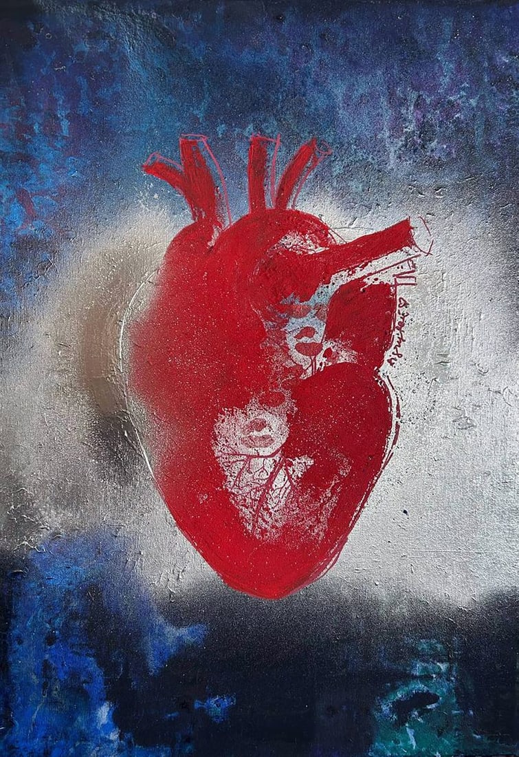 Acrylic painting Feel the Heart Beat Olga Melezhik: Title: Acrylic painting Feel the Heart Beat Olga Melezhik Description: NoMel 112Acrylic painting Feel the Heart Beat Olga Melezhik is a bold contemporary artwork that transforms the symbol of the huma