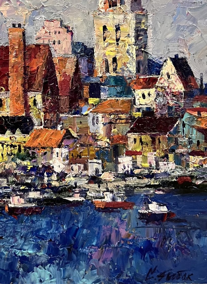 Oil painting City boats at the ferry Serhiy Rybak - 3