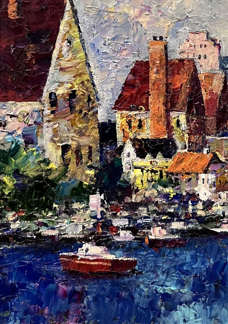 Oil painting City boats at the ferry Serhiy Rybak - 4