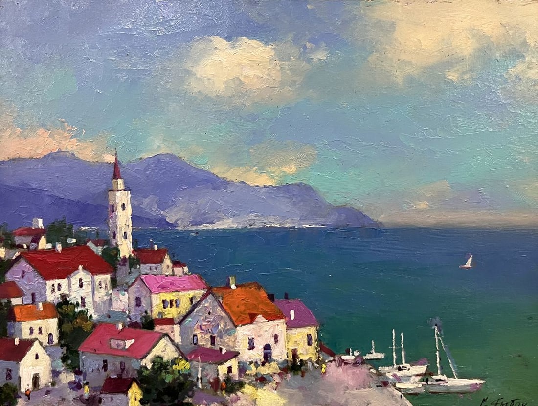 Oil painting Resort town with the sea Serhiy Rybak: Title: Oil painting Resort town with the sea Serhiy Rybak Description: NoGaller 404*** ABOUT THIS PAINTING **** TITLE: "Resort town with the sea"* ARTISTS: Serhiy Rybak* SIZE: 18x24 cm/'7.08x9.44
