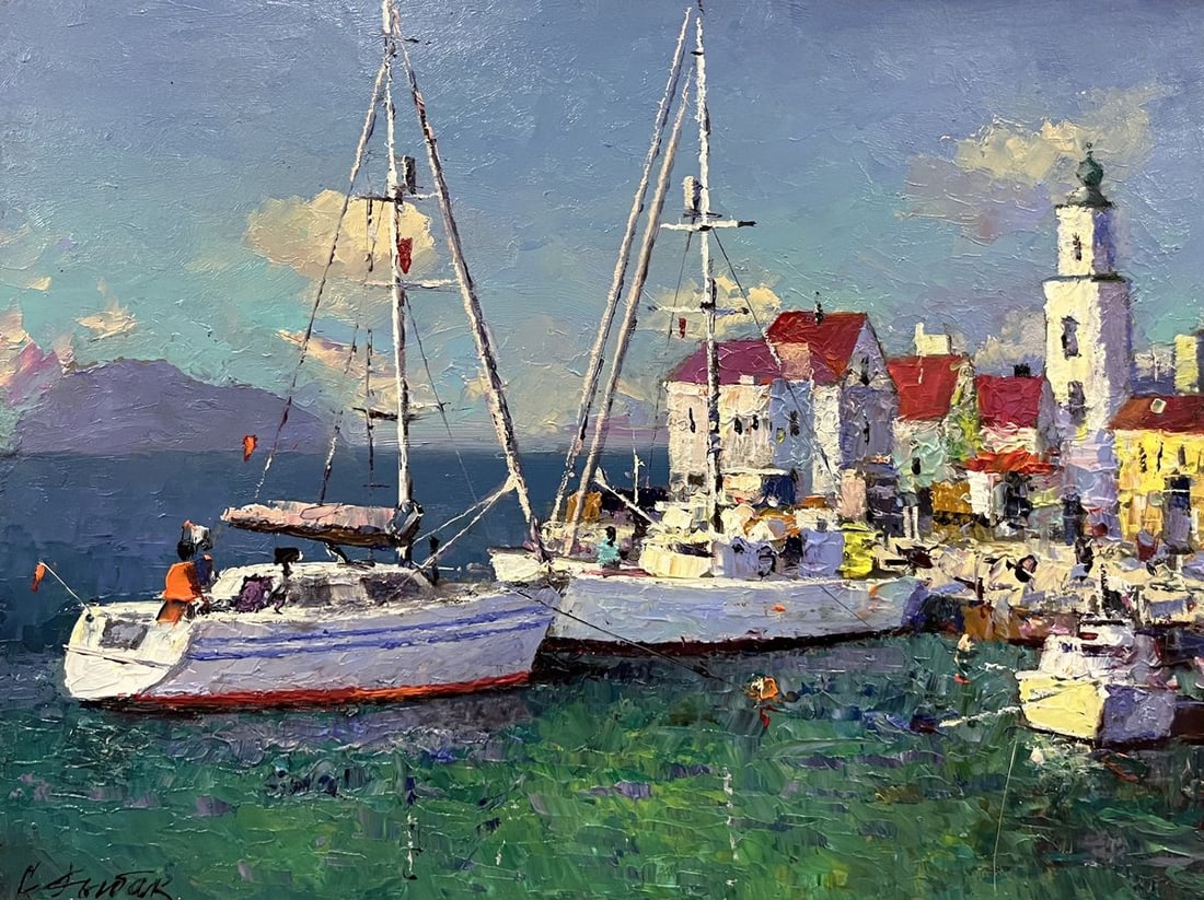Oil painting Ships at the shore Serhiy Rybak: Title: Oil painting Ships at the shore Serhiy Rybak Description: NoGaller 405*** ABOUT THIS PAINTING **** TITLE: "Ships at the shore"* ARTISTS: Serhiy Rybak* SIZE: 18x24 cm/'7.08x9.44 inches' *