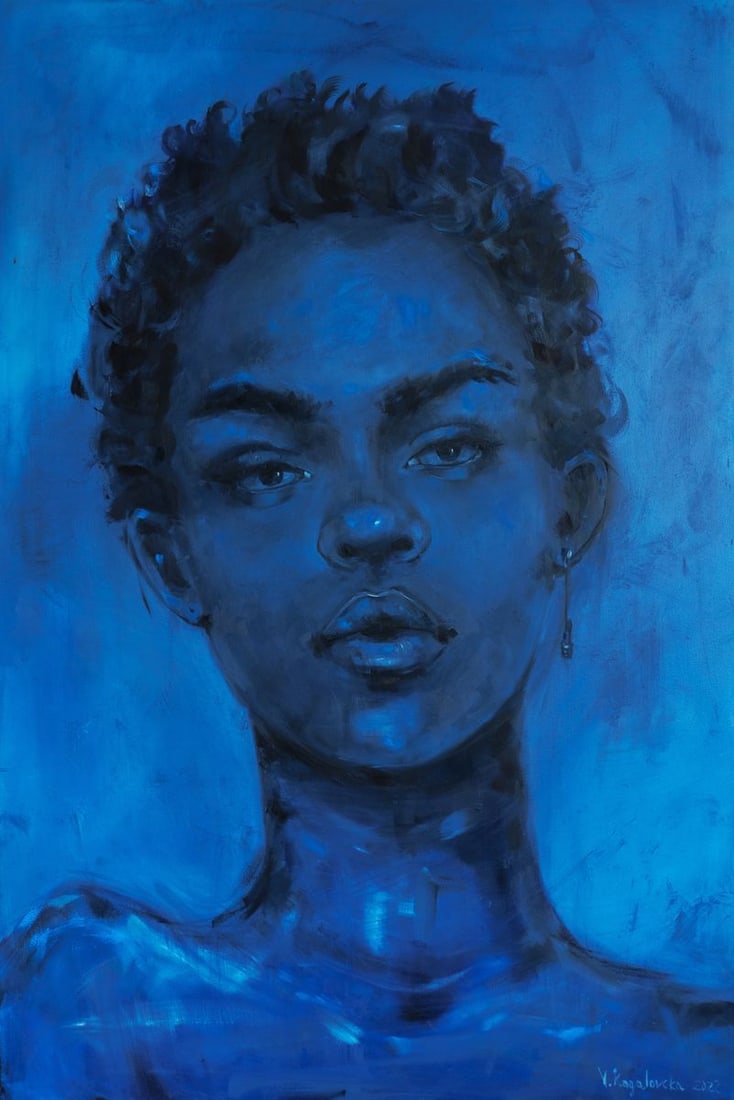 Oil painting Calm Victoria Kagalovska: Title: Oil painting Calm Victoria Kagalovska Description: NoKagal 2This artwork is painted with different shades of blue, which symbolizes calmness, harmony, and inner strength. The girl has a serious