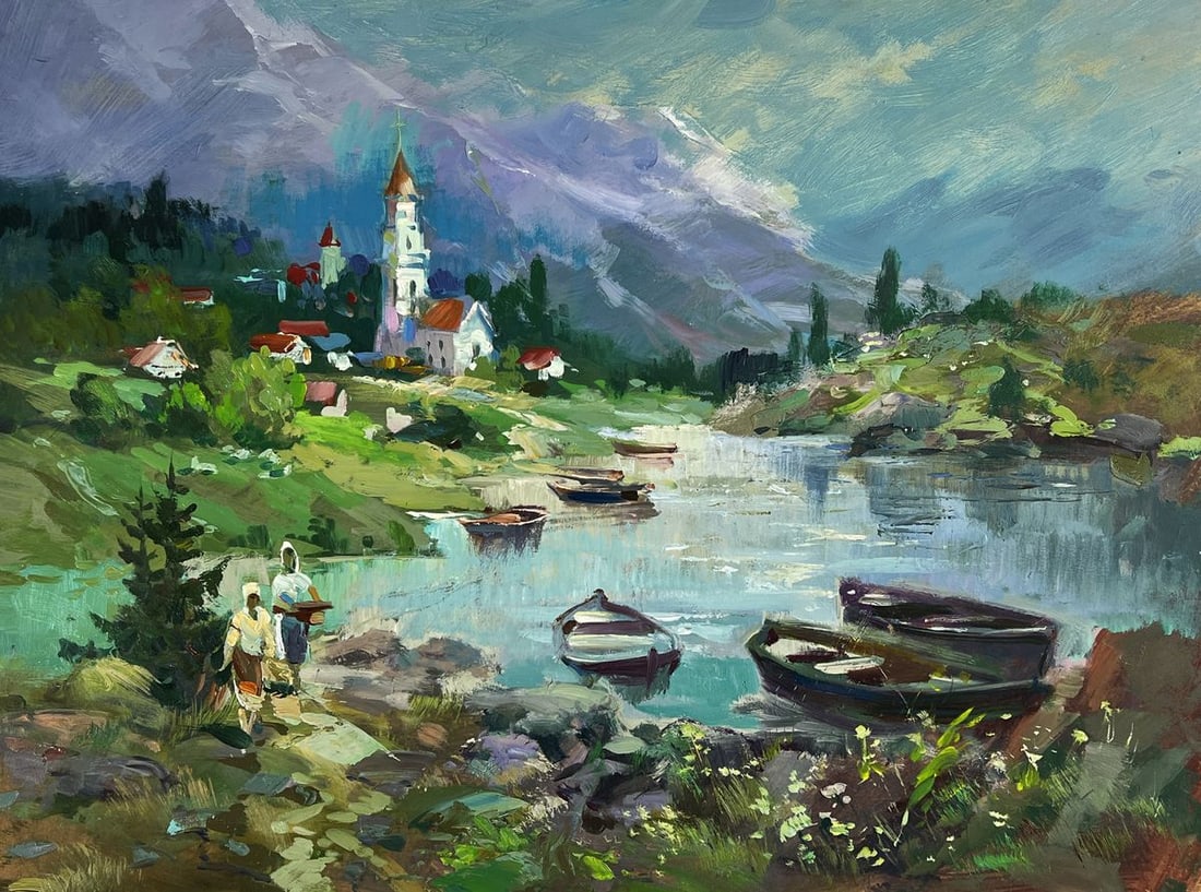 Oil painting Boats on the Shore in Front of the City Yuriy Suprunchuk - 3