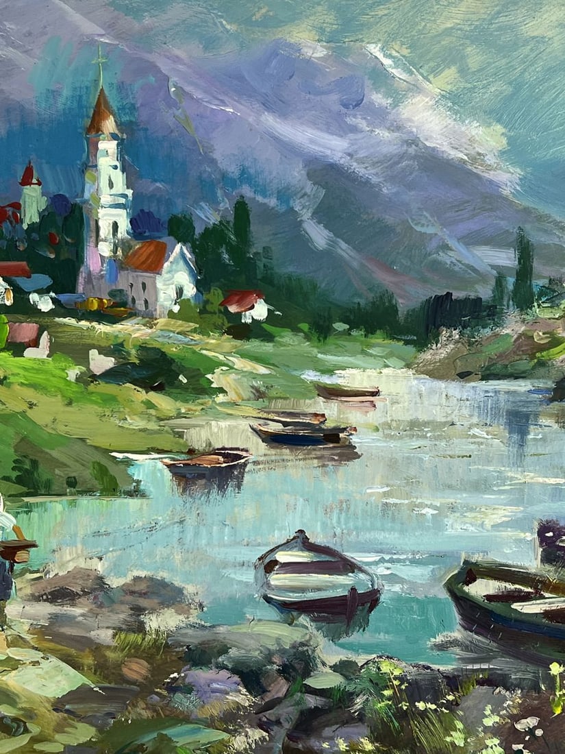 Oil painting Boats on the Shore in Front of the City Yuriy Suprunchuk - 7