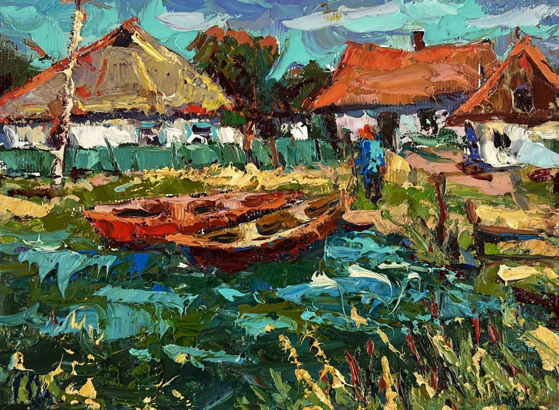 Oil painting Lake with boats in the village Oleksiy Ivanyuk - 3