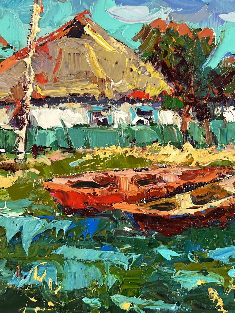 Oil painting Lake with boats in the village Oleksiy Ivanyuk - 4