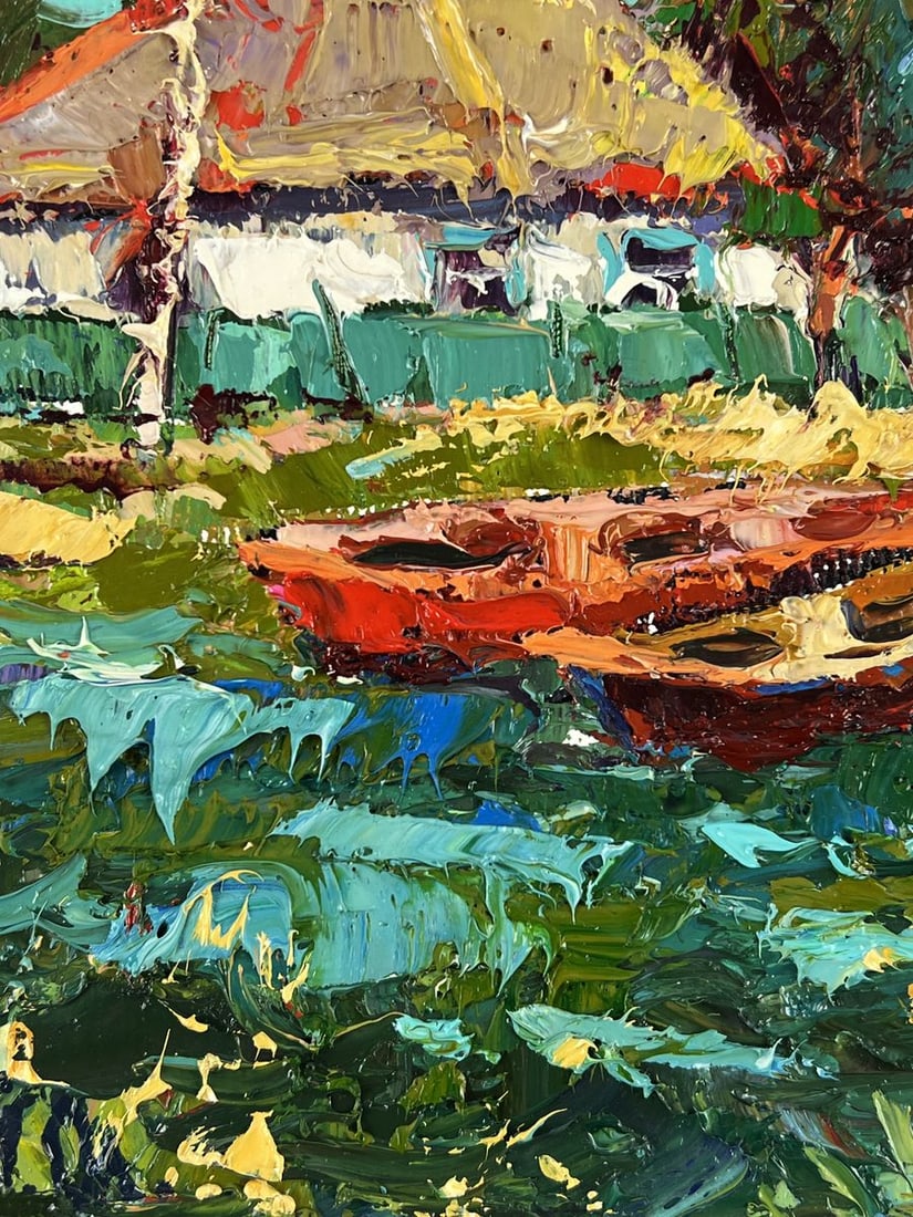 Oil painting Lake with boats in the village Oleksiy Ivanyuk - 5