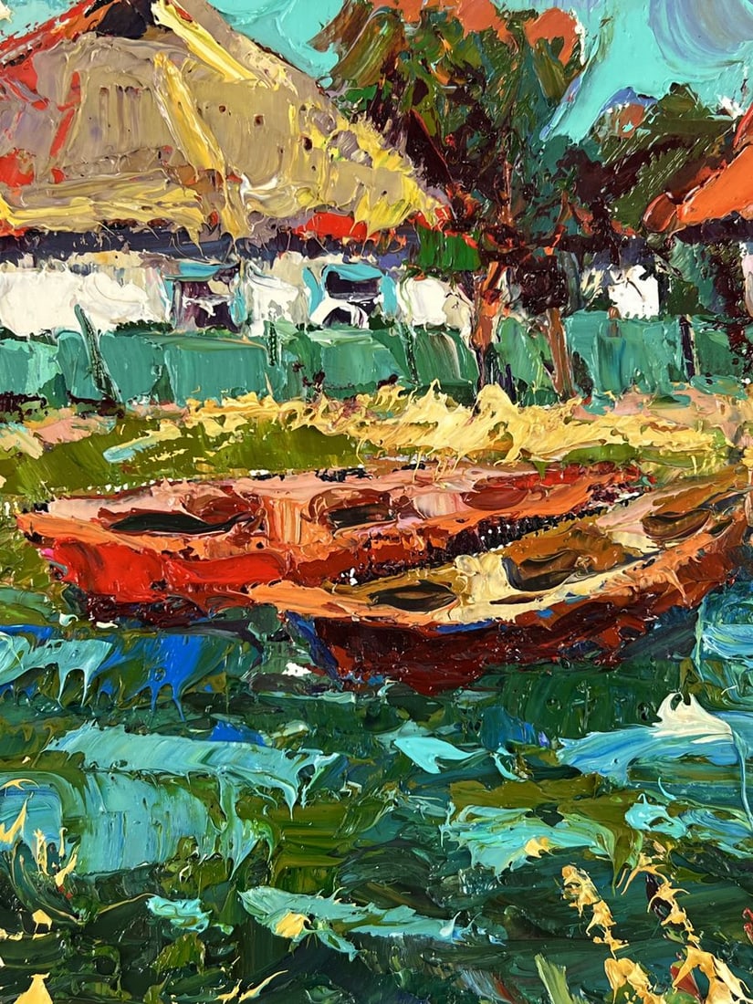 Oil painting Lake with boats in the village Oleksiy Ivanyuk - 6