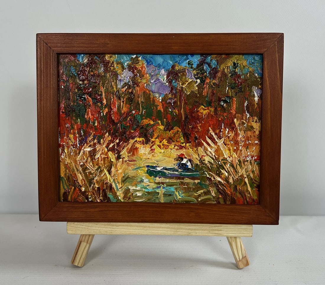 Oil painting There is a lake on the outskirts Alex Kalenyuk: Title: Oil painting There is a lake on the outskirts Alex Kalenyuk Description: AAA4690The oil painting on canvas titled "There is a Lake on the Outskirts" captures the essence of a secluded autumnal 