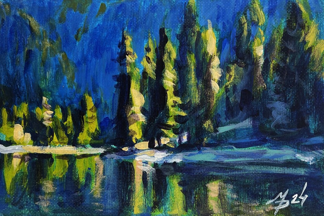 Acrylic painting Summer forest lake Mykhailo Patskan - 3