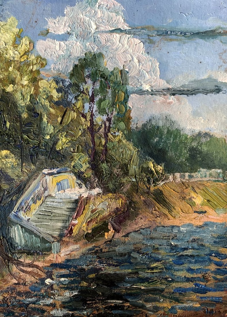 Oil painting City park with a lake Leonid Maistrenko: Title: Oil painting City park with a lake Leonid Maistrenko Description: AAA3568The painting titled "City Park with a Lake", created in oil on cardboard, vividly captures the tranquil beauty of a natu