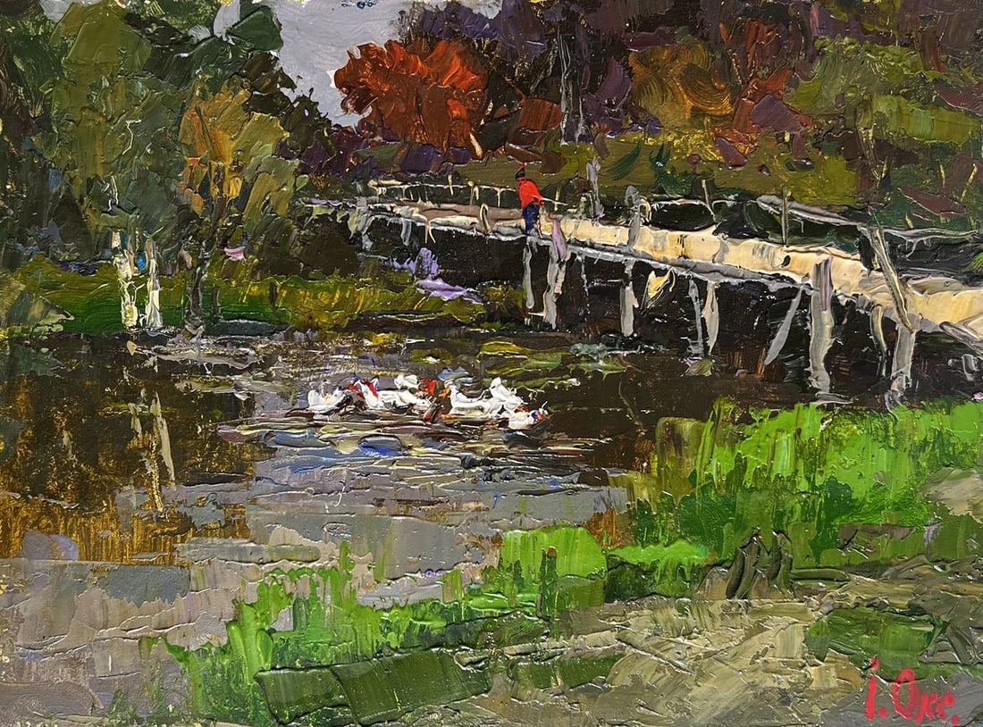 Oil painting Ducks on the lake near the bridge Oksana Kalenyuk - 3