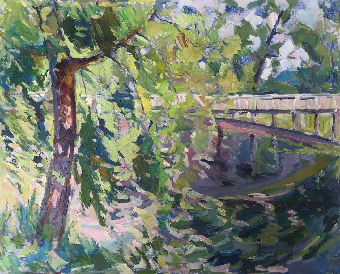 Oil painting Road to the city Peter Tovpev: Title: Oil painting Road to the city Peter Tovpev Description: AAA2234 This oil painting, entitled "Road to the City", is a beautiful and evocative piece that captures the essence of summer. The scene