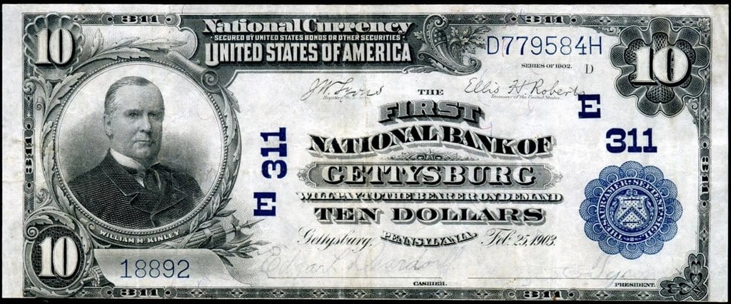 1902 $10 Gettysburg NB #311 - Scarce: A Remarkable Piece of American History: A Ten Dollar Note from Gettysburg This listing offers a remarkable and historically significant artifact of American banking and history. It is a 1902 Series