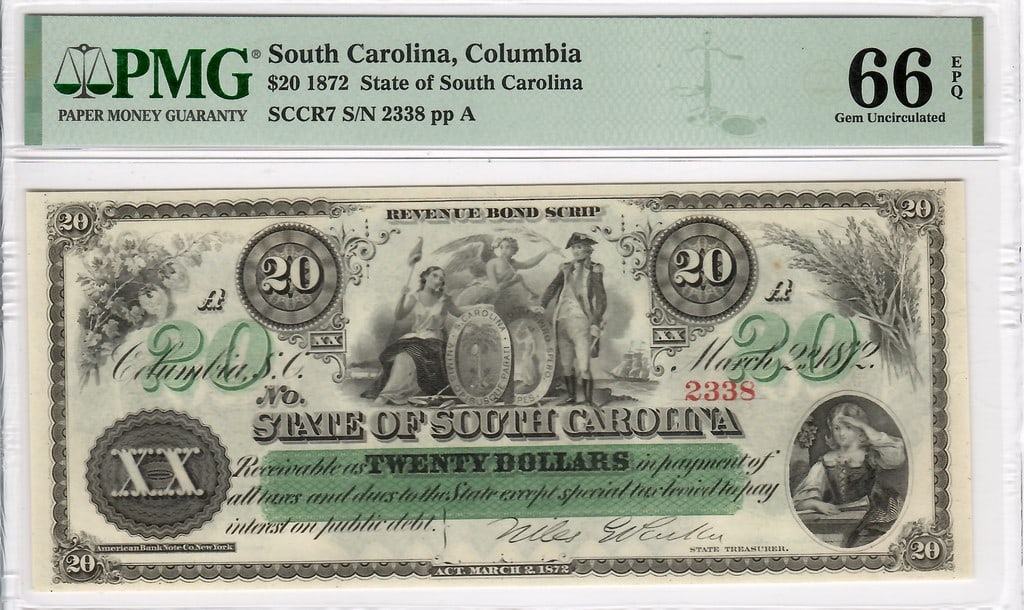 1872 SC $20 Scrip - Reconstruction Era: A Historic Piece of Reconstruction-Era American Currency This listing offers a historic and significant piece of Reconstruction-era American currency. It is the 1872 State of South Carolina Twenty
