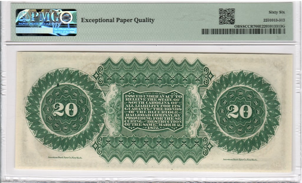 1872 SC $20 Scrip - Reconstruction Era - 2