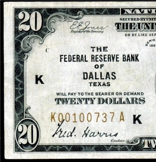 1929 Dallas $20 - Jackson Depression Era - 2