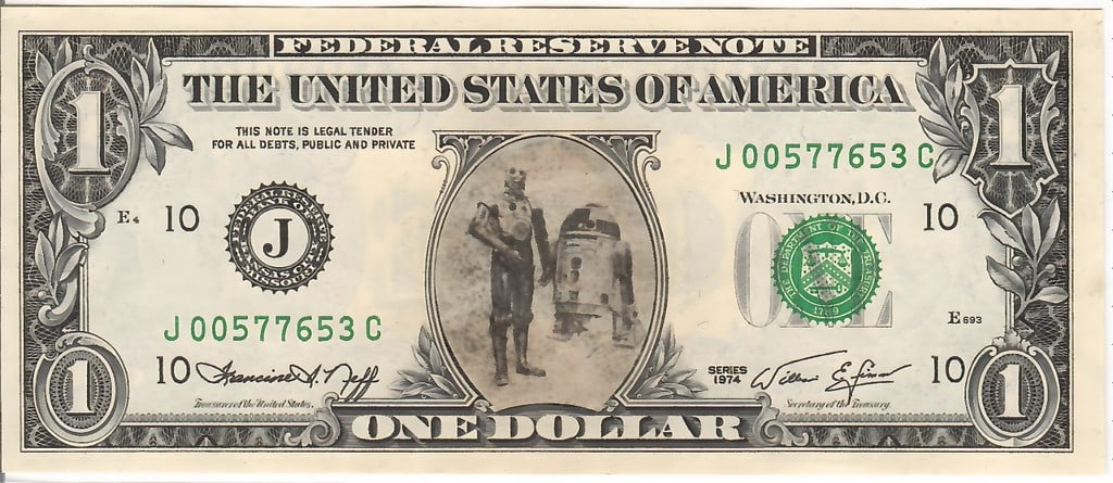1974 $1 Star Wars - C-3PO/R2-D2 Rare: A Playful Twist on Classic United States Currency: C-3PO and R2-D2 Take Center Stage This listing offers a unique and playful twist on classic American currency. It is a 1974 Series One Dollar bill