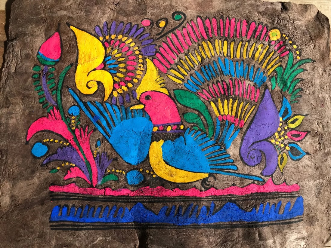 Vintage Mexican Amate Bark Painting Hand Painted Folk Art Bird and Flowers NICE!: Very attractive Mexican Hand Painted Bark Painting. Very colorful bird with flowers, multi colored border on bottom. Multicolored uplifting design, will look great and add a nice colorful accent to al