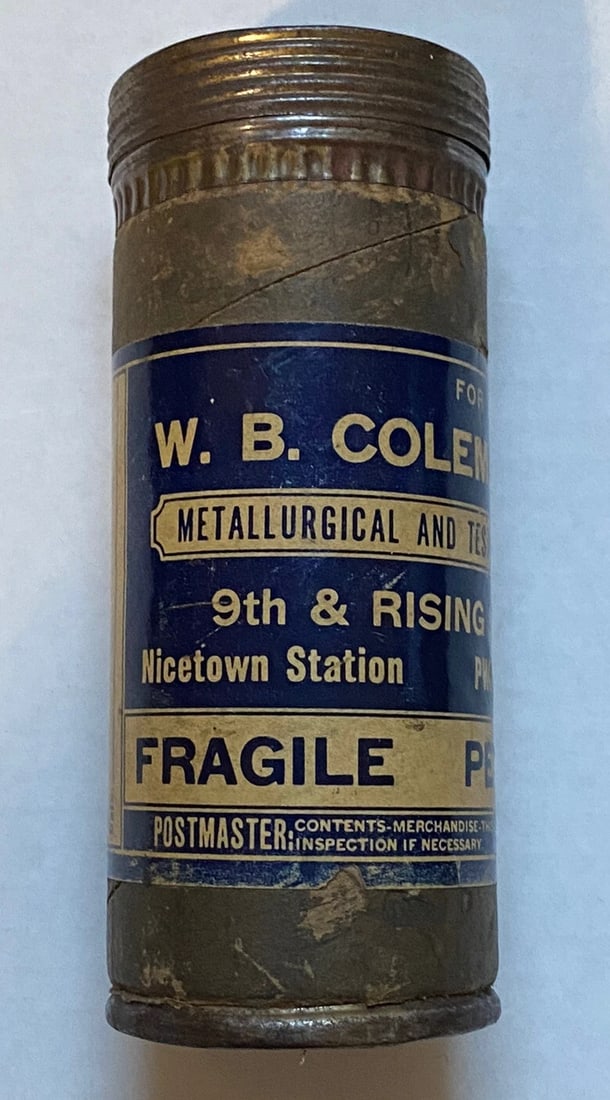 Antique W.B. Coleman & Co. Metal & Cardboard Container Philadelphia, Pa.: Antique Thick Cardboard Tube Shaped Container With Tin Metal Lid, Top and Bottom. Has two holes on top, wraparound mailing label. Label says From, and there is a line for Boiler No., Date. Address on 