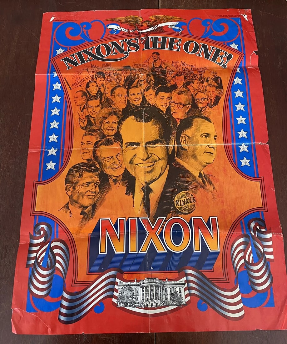 Original President Richard M. Nixon Spiro Agnew Campaign Poster NIXON'S THE ONE!: This original 1968 campaign poster features President Richard M. Nixon and Spiro Agnew, with the bold statement "NIXON'S THE ONE!" Features images of Nixon and Agnew with many Republicans politicians 